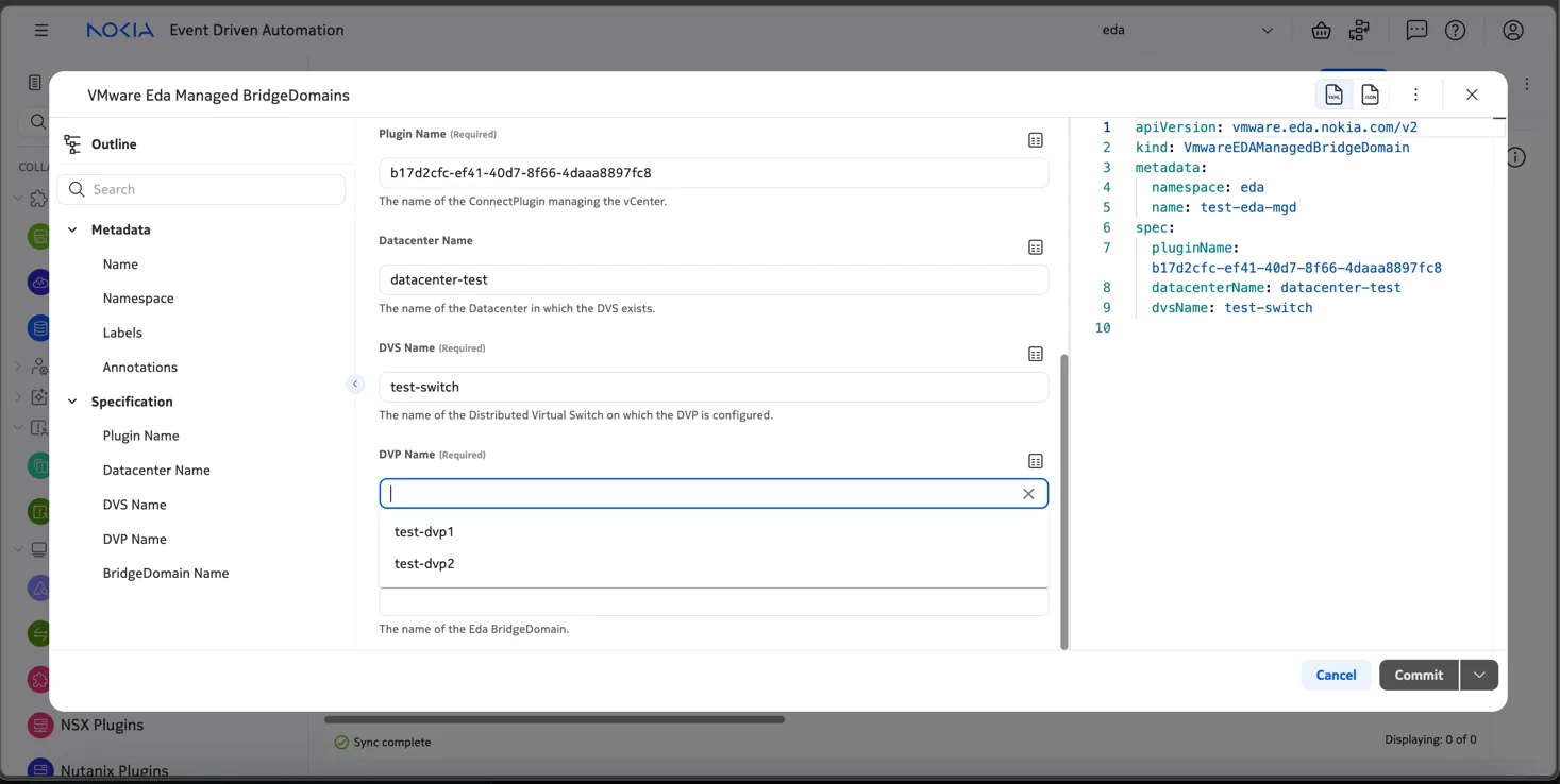 In the Nokia EDA UI, autocomplete functionality allows you to select the VMware resources automatically with a dropdown menu.