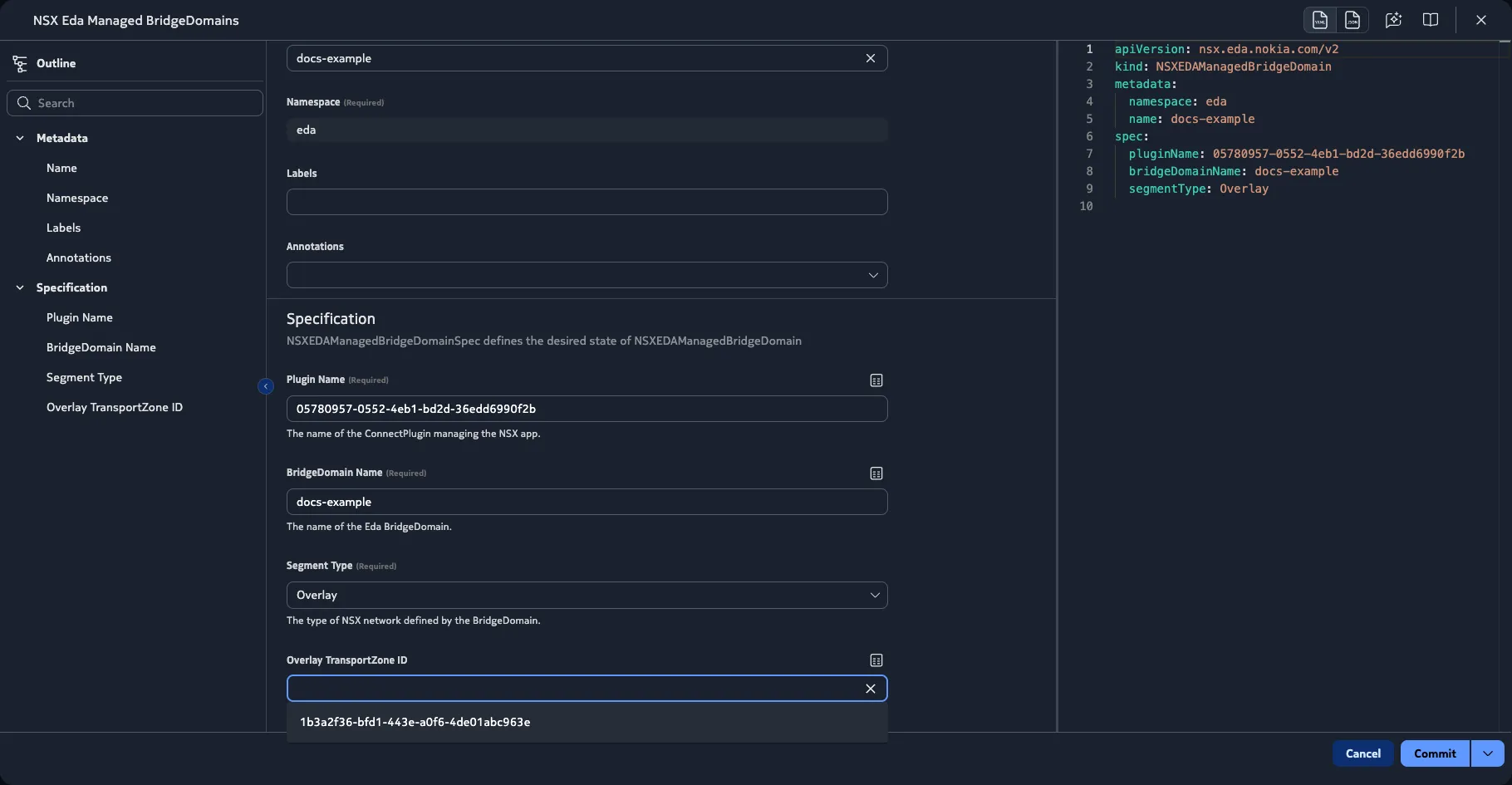 In the Nokia EDA UI, autocomplete functionality allows you to select the NSX overlay transport zone automatically with a dropdown menu.