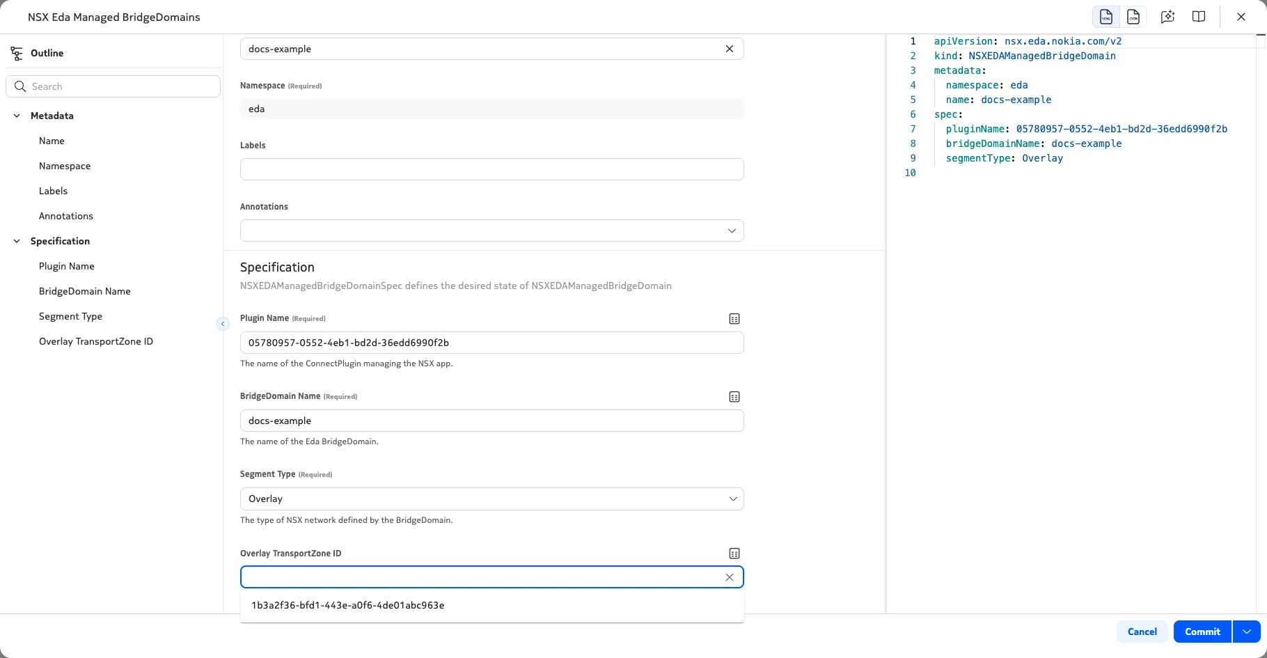In the Nokia EDA UI, autocomplete functionality allows you to select the NSX overlay transport zone automatically with a dropdown menu.