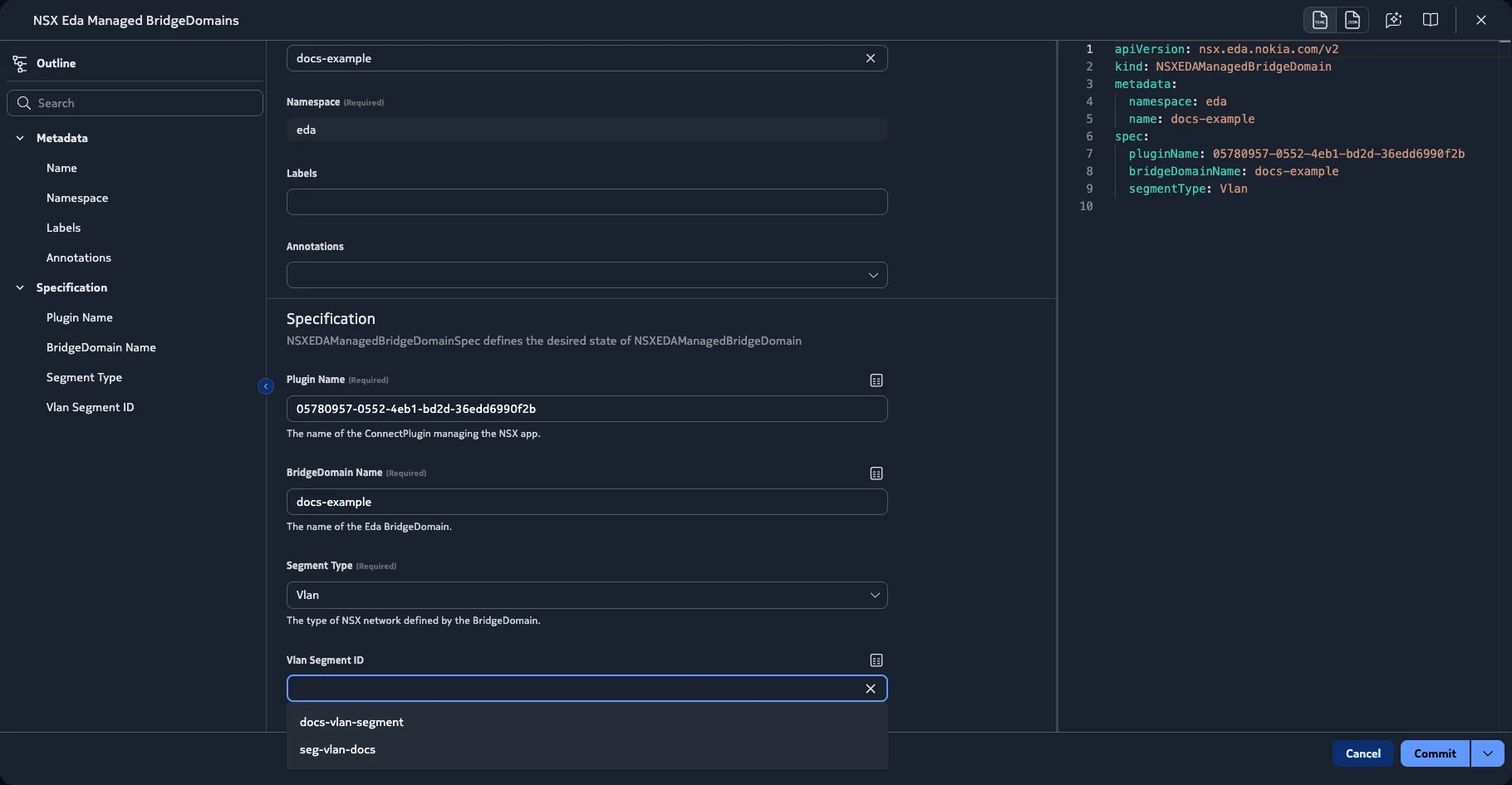 In the Nokia EDA UI, autocomplete functionality allows you to select the NSX VLAN segment automatically with a dropdown menu.
