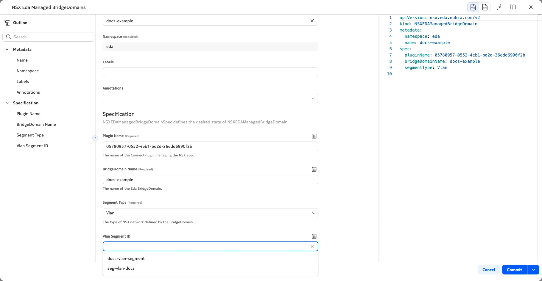 In the Nokia EDA UI, autocomplete functionality allows you to select the NSX VLAN segment automatically with a dropdown menu.