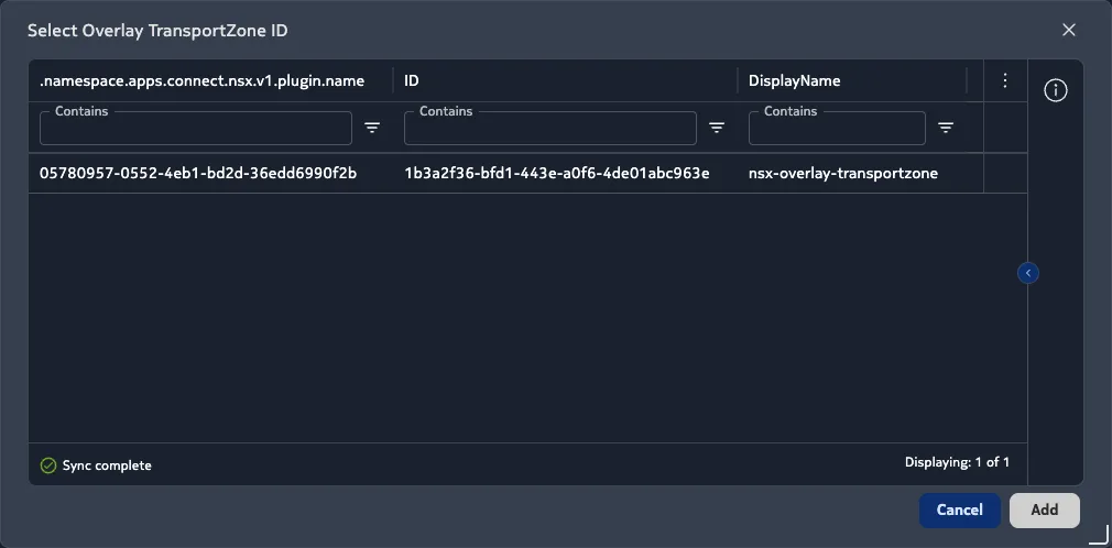 Use the table icon on the right to select the Overlay Transport Zone ID from a table with the human-readable name.