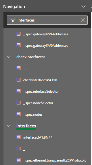 Navigation pane showing sheets and named ranges
