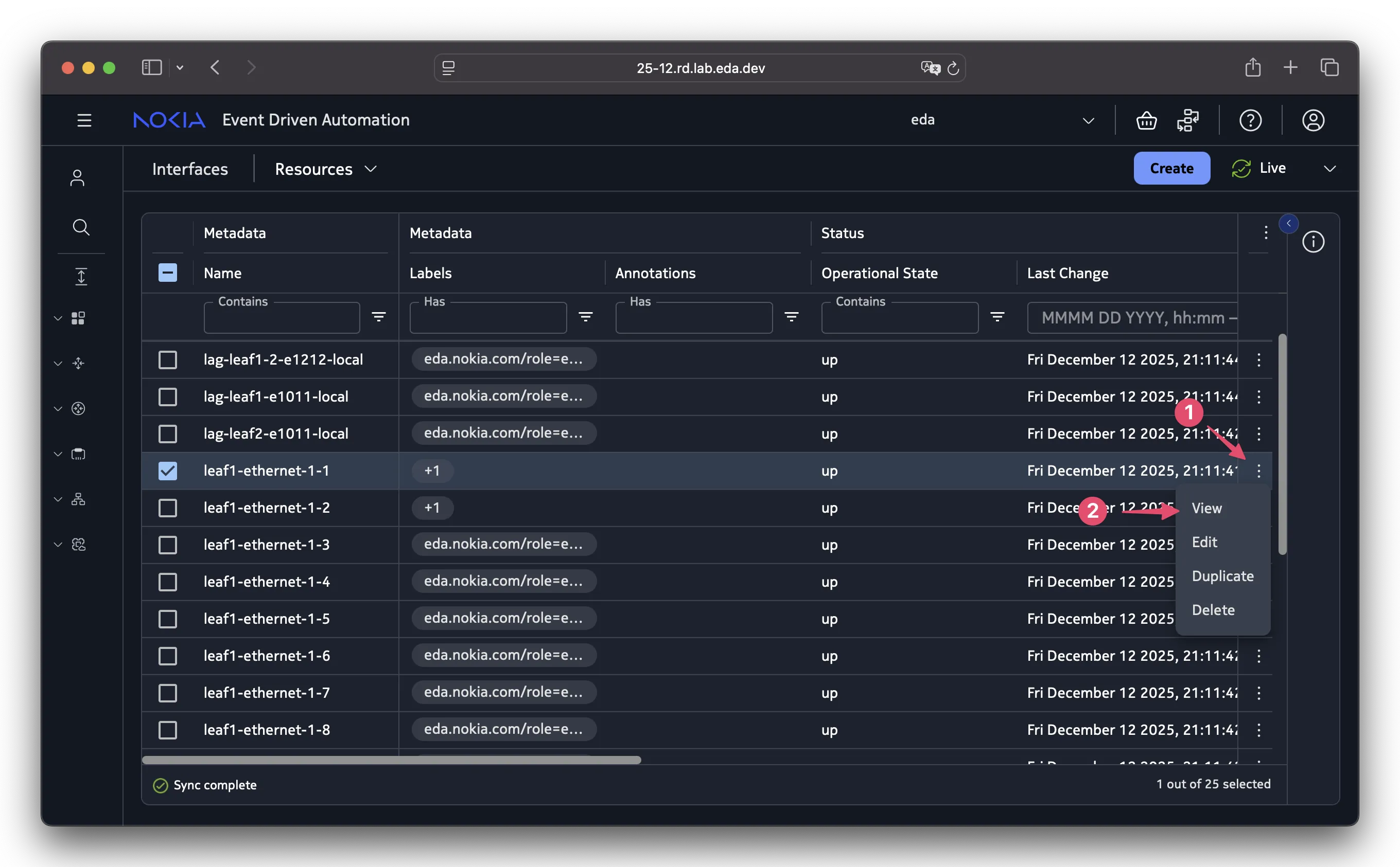 Opening the resource's details view