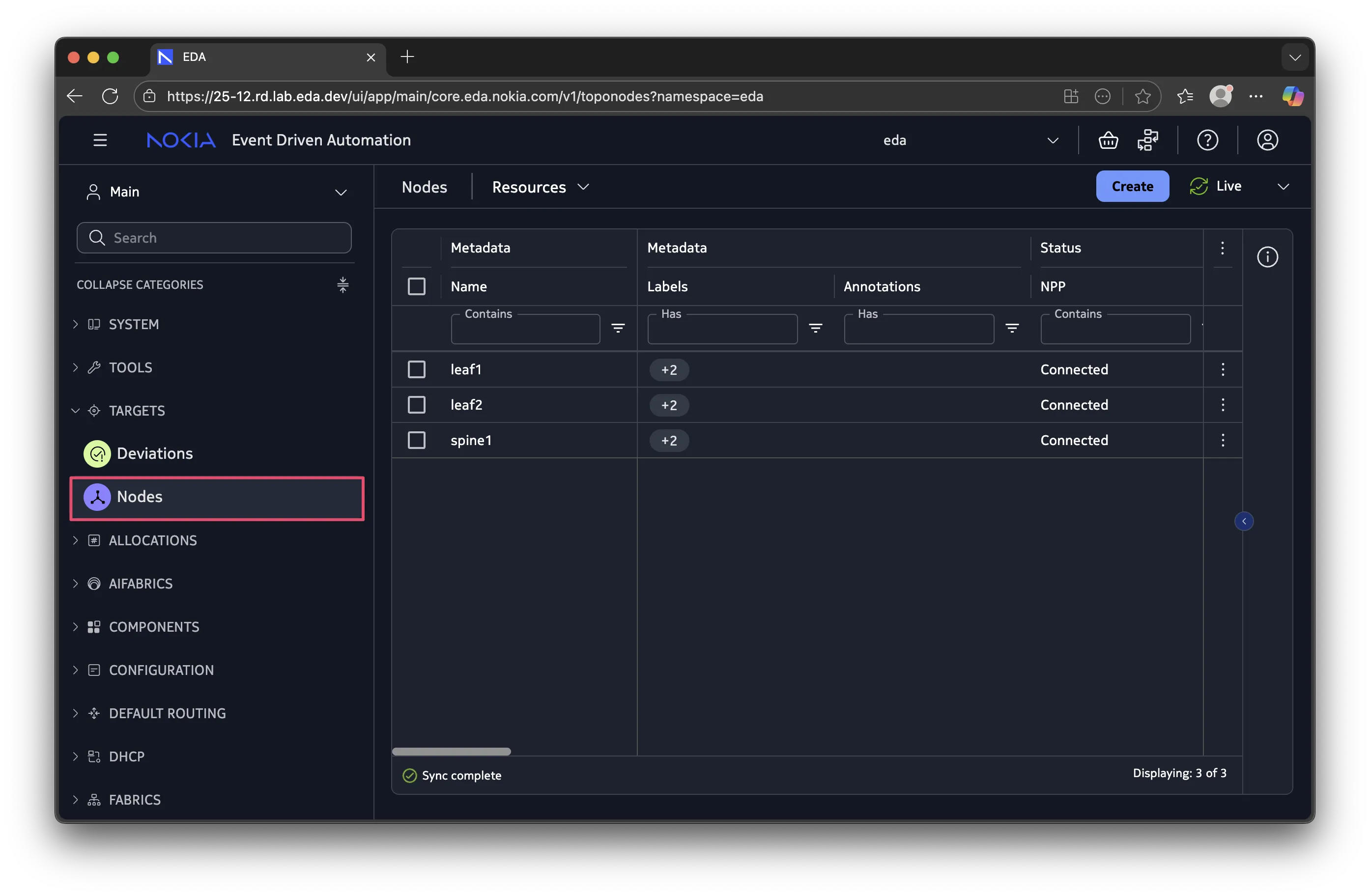 Nodes list in EDA UI