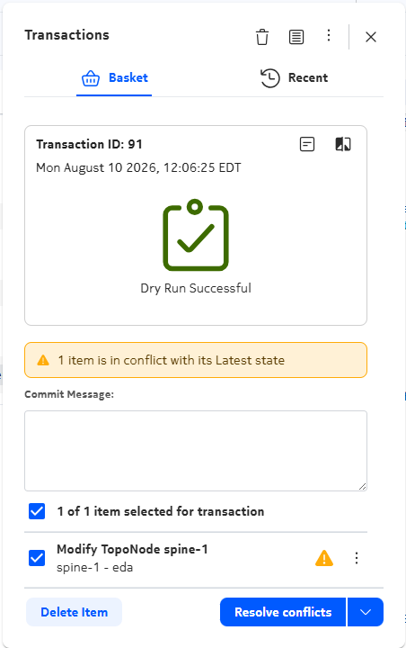 The **Transactions** basket showing a conflict and the **Resolve conflicts** button