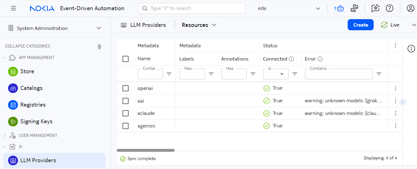 Installed LLM providers via OpenAI EDA application