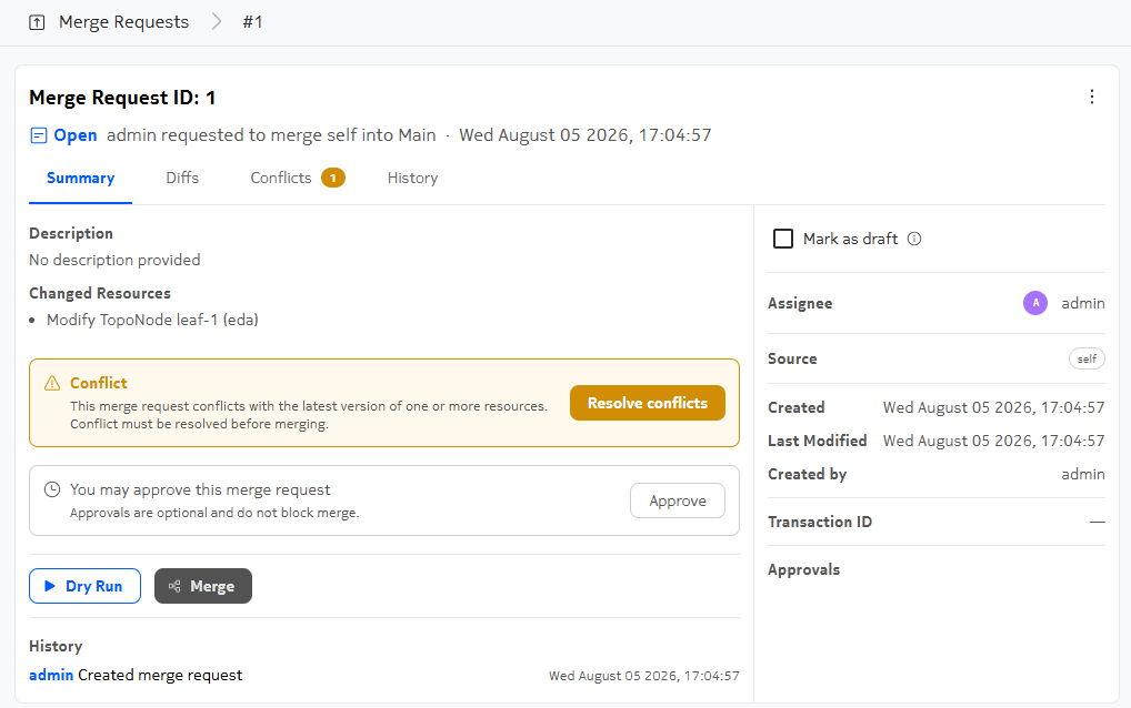 A merge request with a conflict displaying the Conflicts tab