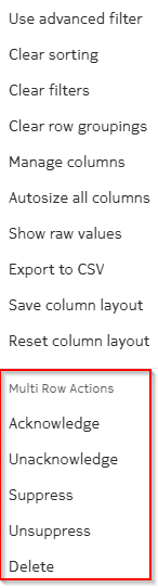 Multi-row actions for alarms list