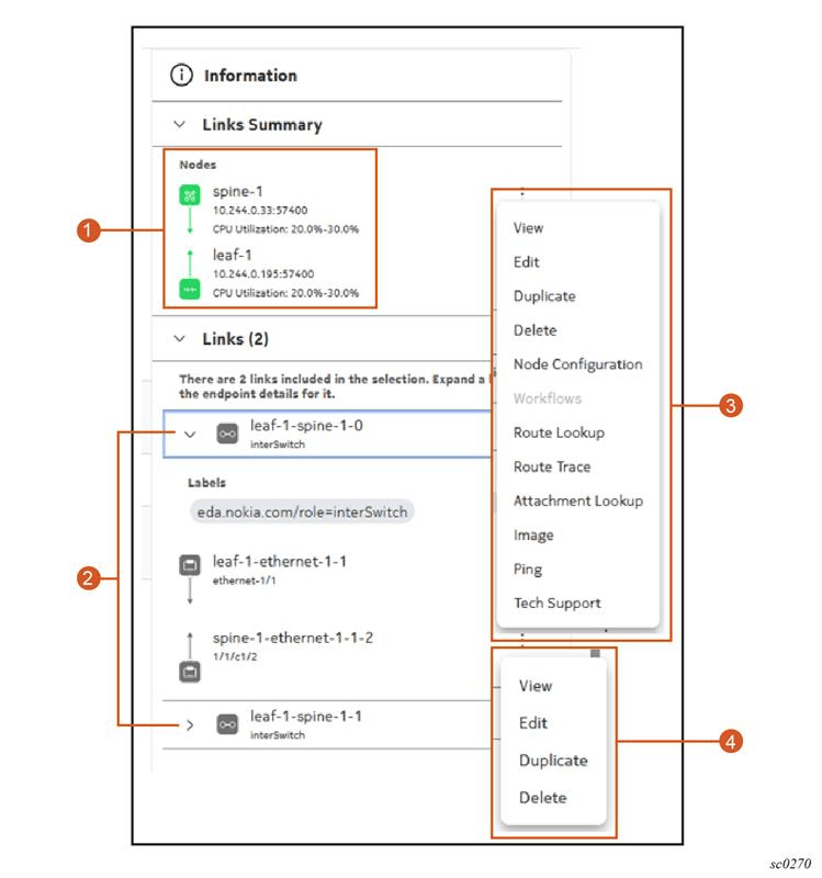A sample information panel for a link, showing a contextual action menu