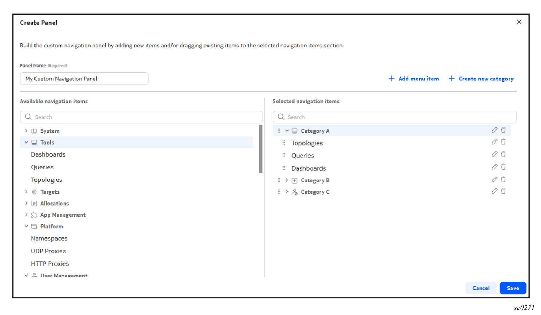 The custom navigation panel editor