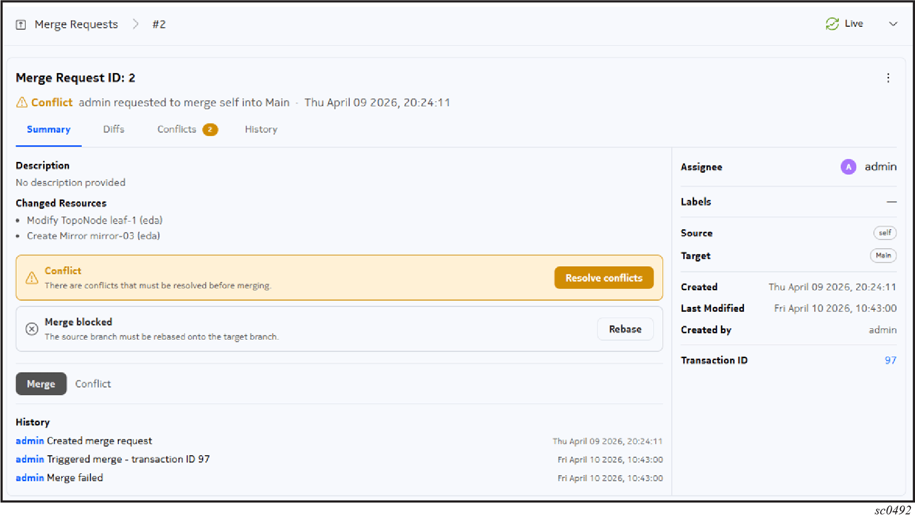 The Merge Request Details page showing a conflict